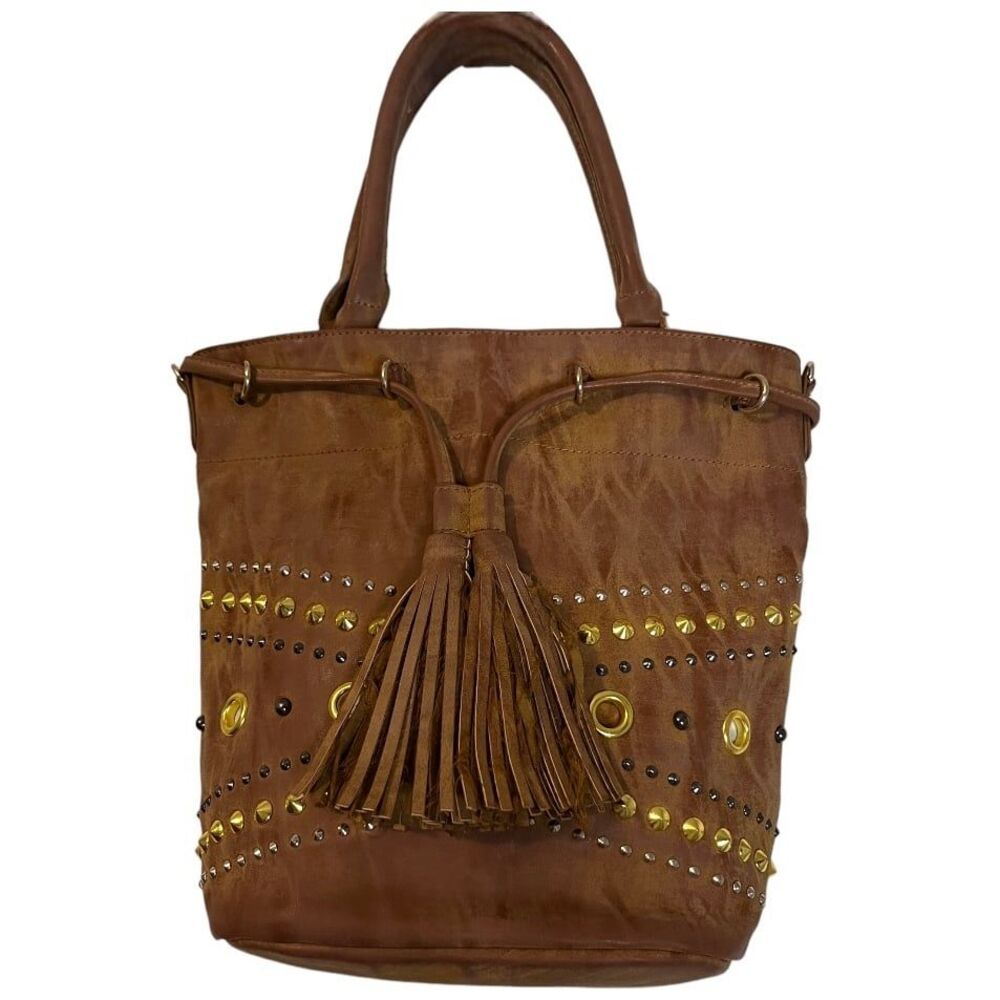 Steven Steve Madden Leather Bucket Bag Purse Studded Tassels Camel